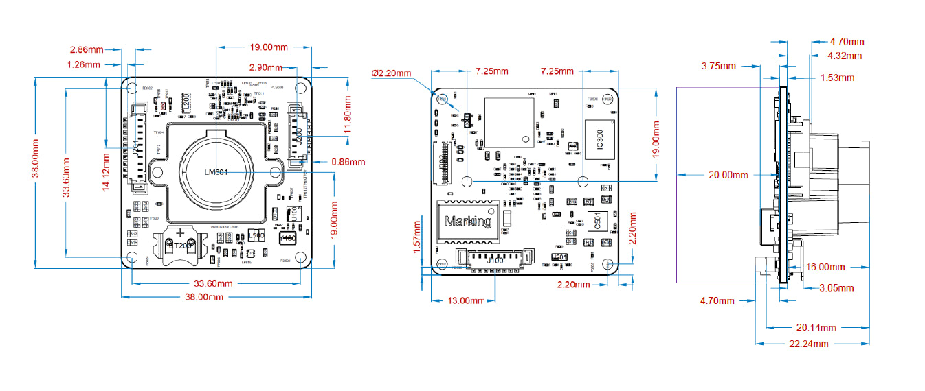 801-IP-678 Technical drawings of electronic components with dimensions labeled