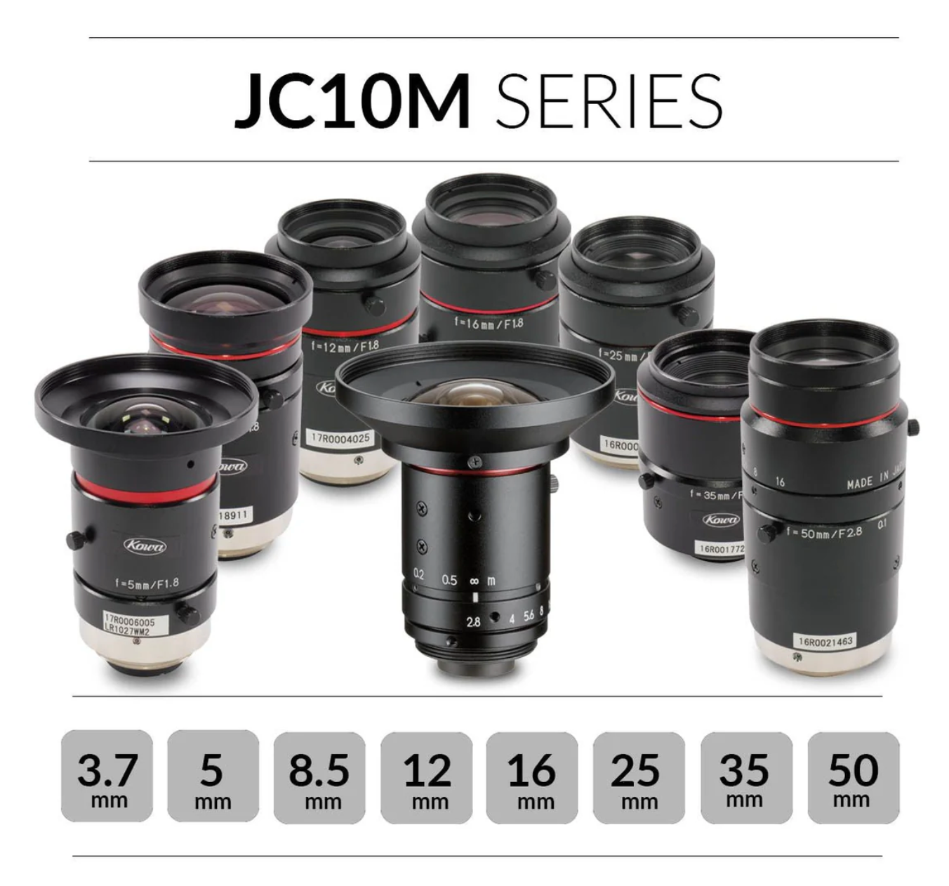 Collection of JC10M series lenses with their focal length specifications on a white background.