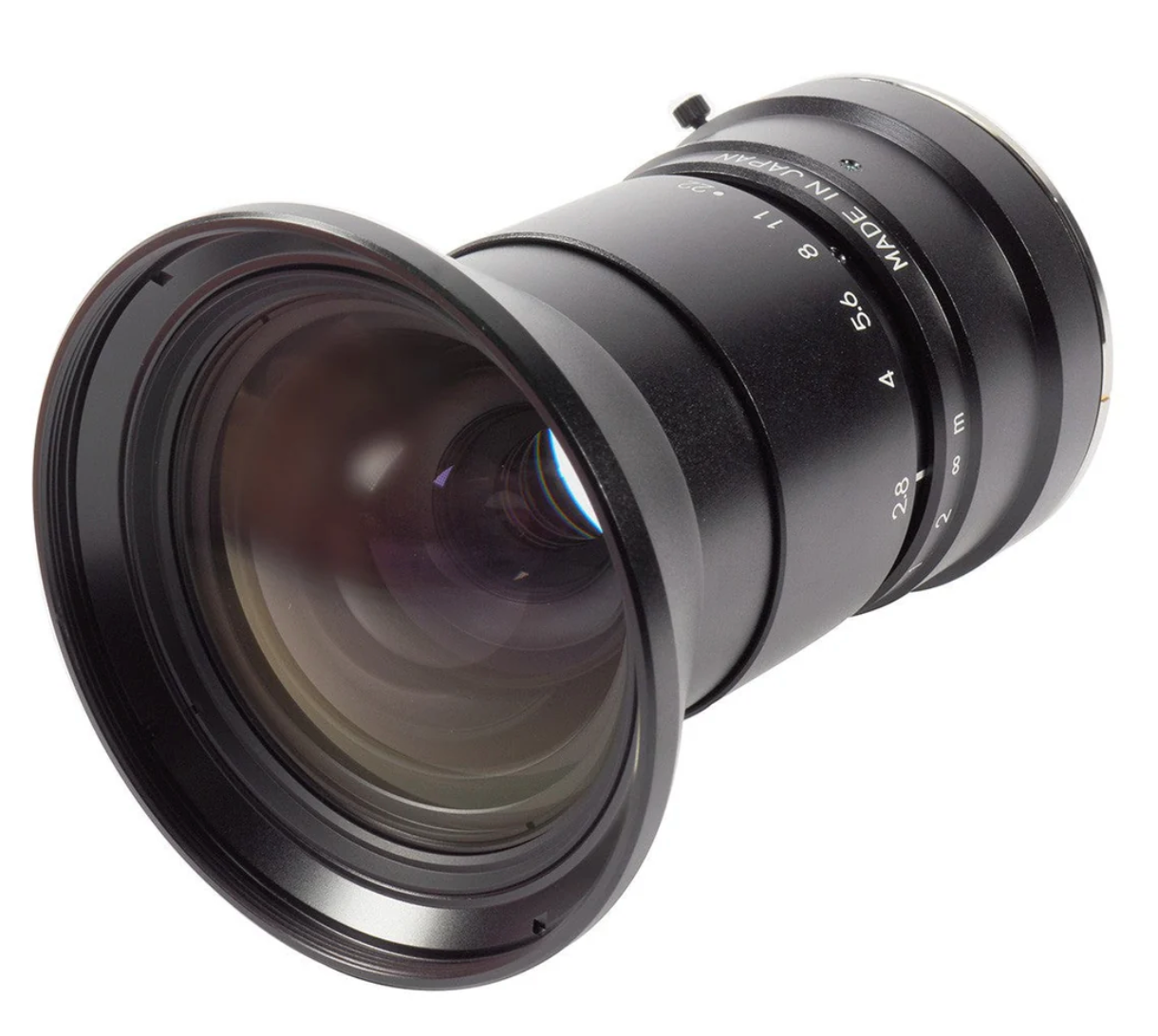 Camera lens with focus and aperture controls on a white background