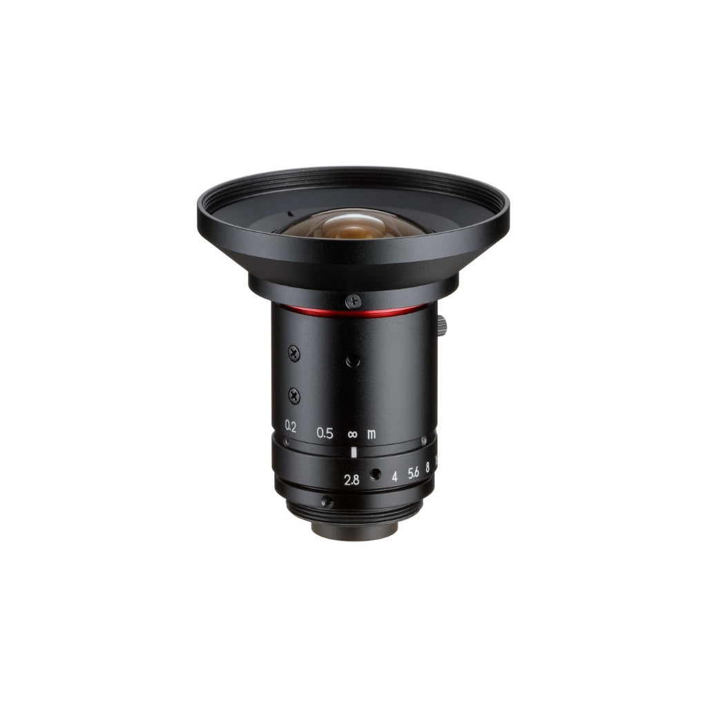 A black Kowa LM3JC10M 2/3" 3.7mm 10MP C-Mount Lens with manual iris control.