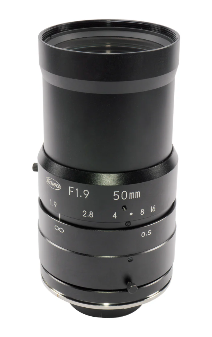 Camera lens with specifications on a white background