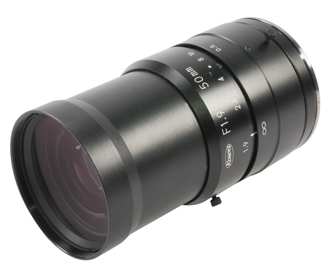Camera lens with focus and aperture controls on a white background