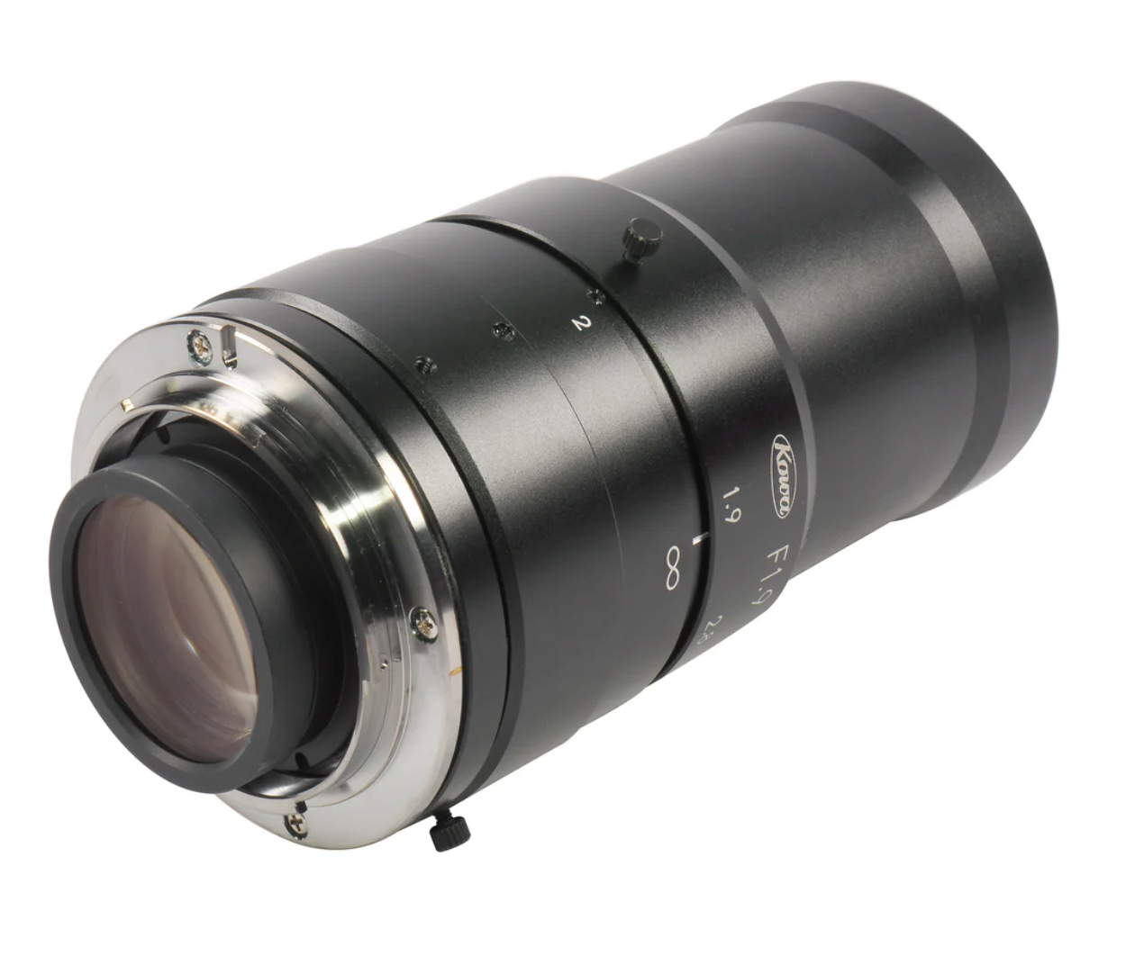 Camera lens with focus and diaphragm control on a white background