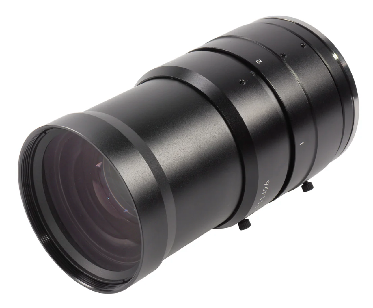 Black camera lens on a white background