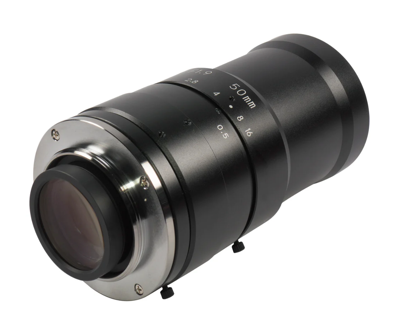 Black camera lens with focus ring on a white background