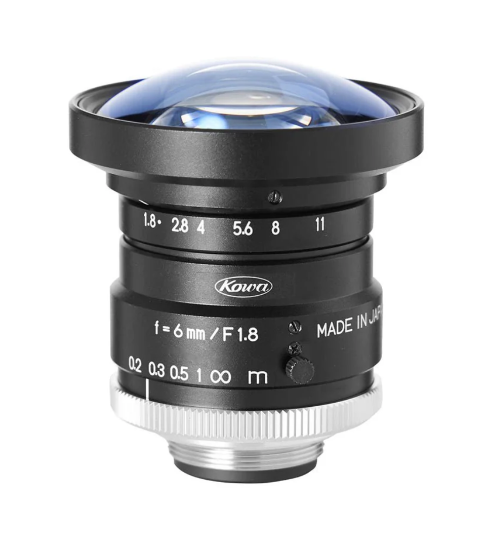 Camera lens with brand name on a white background