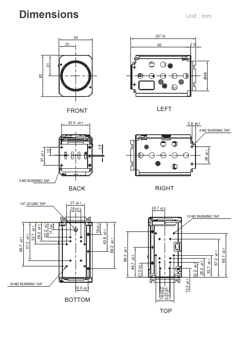 Technical drawing of a device showing front, left, right, back, and top views with dimensions.