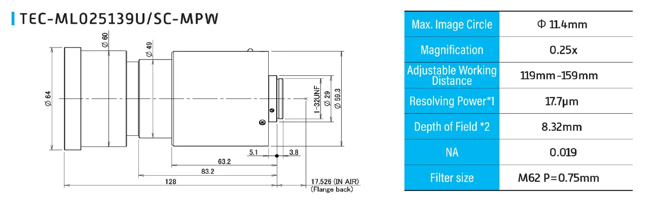 Technical diagram and specifications of a TEC-ML025139UC-MPW with dimensions and technical details.
