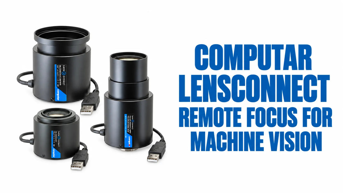 Computar LensConnect motorized lenses with USB connections for remote focus control in machine vision systems.