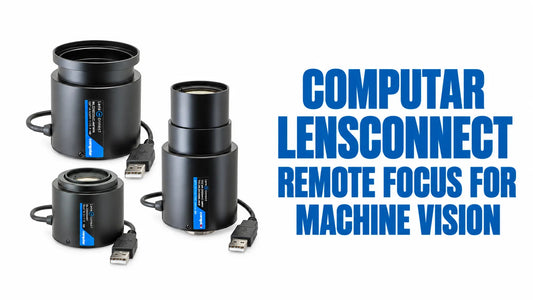 Computar LensConnect motorized lenses with USB connections for remote focus control in machine vision systems.