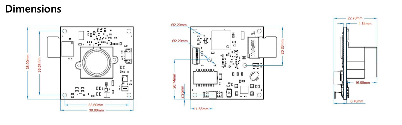 201-IP-462-xC Technical drawings and dimensions showing front back and side f camera