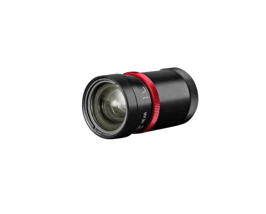 Camera lens with red accent on a white background