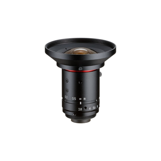 A black Kowa LM3JC10M 2/3" 3.7mm 10MP C-Mount Lens with manual iris control.