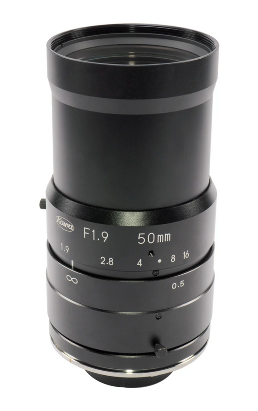 Camera lens with specifications on a white background