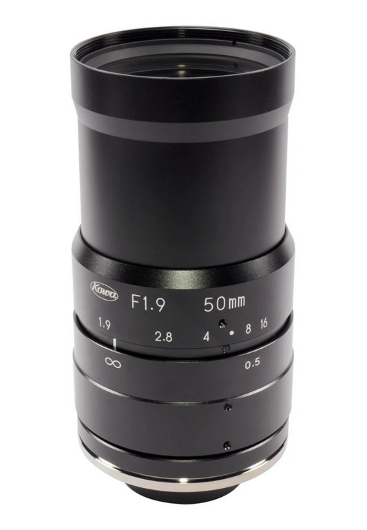 Camera lens with focus and aperture controls on a white background