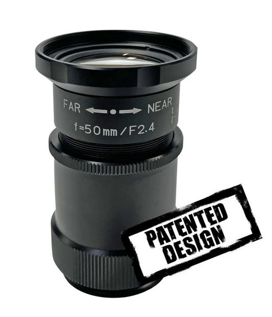 Black camera lens with 'Patented Design' stamp on a white background