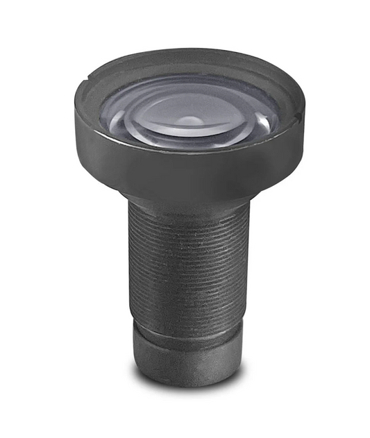 Black camera lens with threaded body on a white background