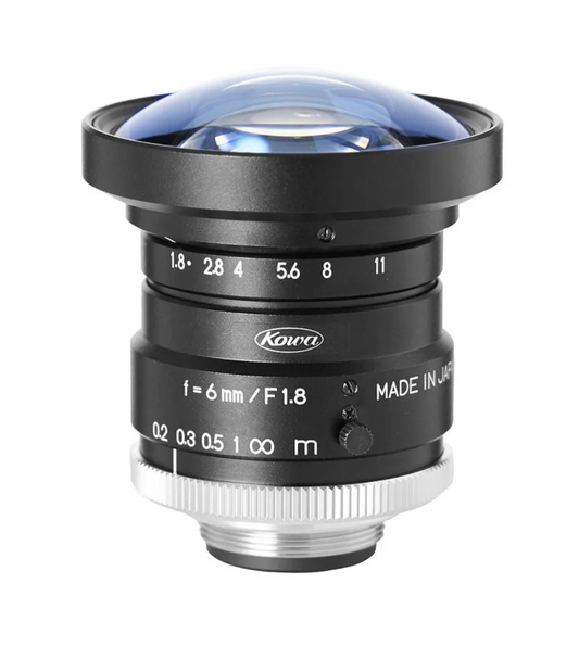 Camera lens with brand name on a white background