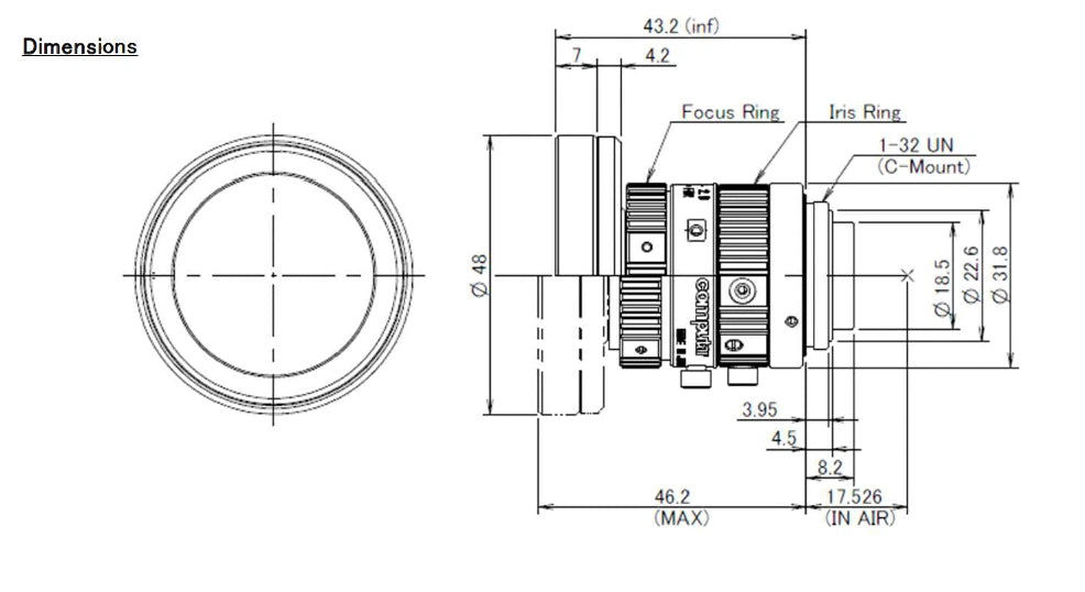 Technical dimensions drawing of M0528-MPX lens with dimensions labeled