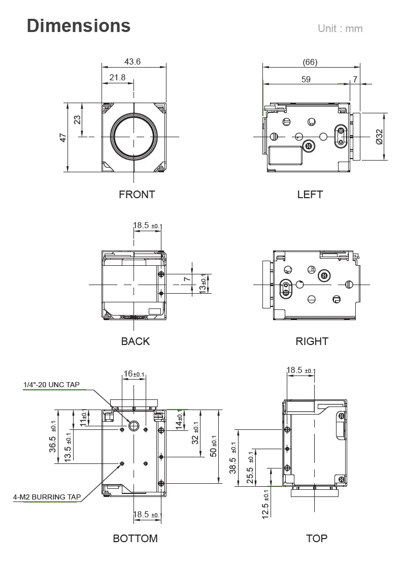 Technical drawing with dimensions of a mechanical component from different angles