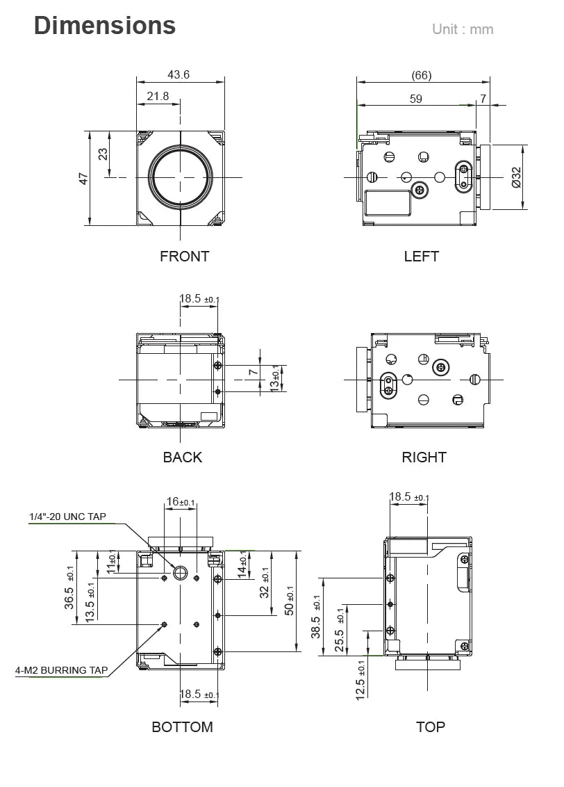 Technical drawing with dimensions of a mechanical component on a white background