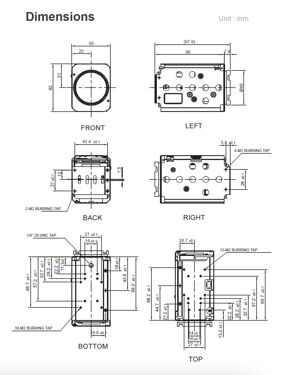 Technical drawing with dimensions of a product from different angles