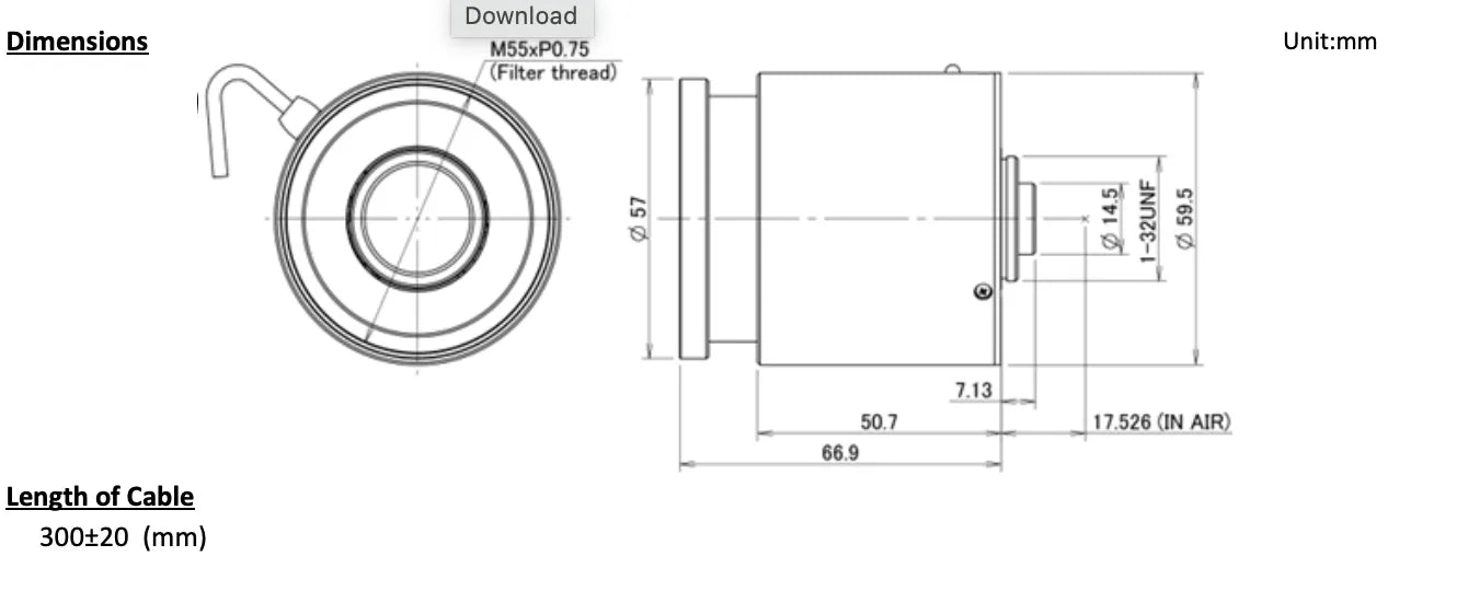 Technical dimensions drawing of a ML2Z0525UC-MPWIR lens