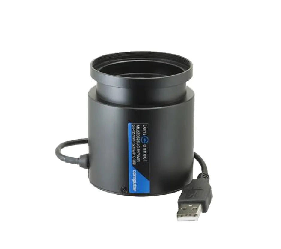 Front view of ML2Z0525UC-MPWIR lens with usb cable and LensConnect label