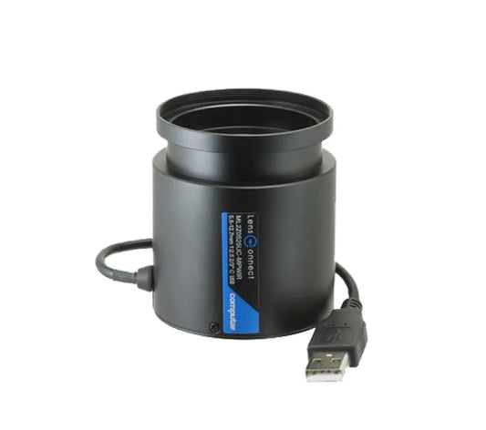 Front view of ML2Z0525UC-MPWIR lens with usb cable and LensConnect label
