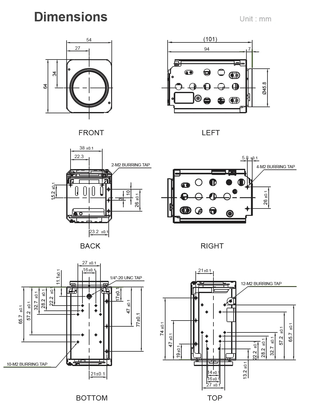 Technical drawing with dimensions of a block camera from multiple angles
