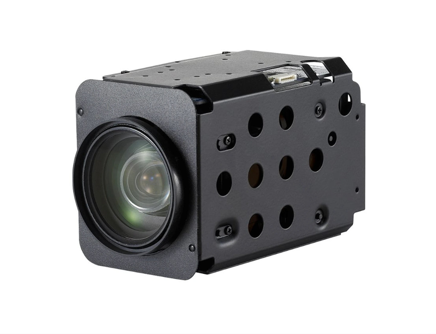 Black industrial block camera on a white background