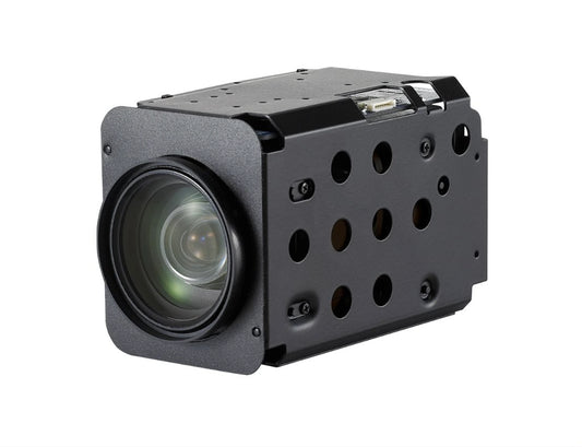 Black industrial block camera on a white background