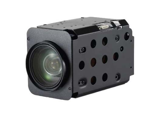Black industrial block camera on a white background
