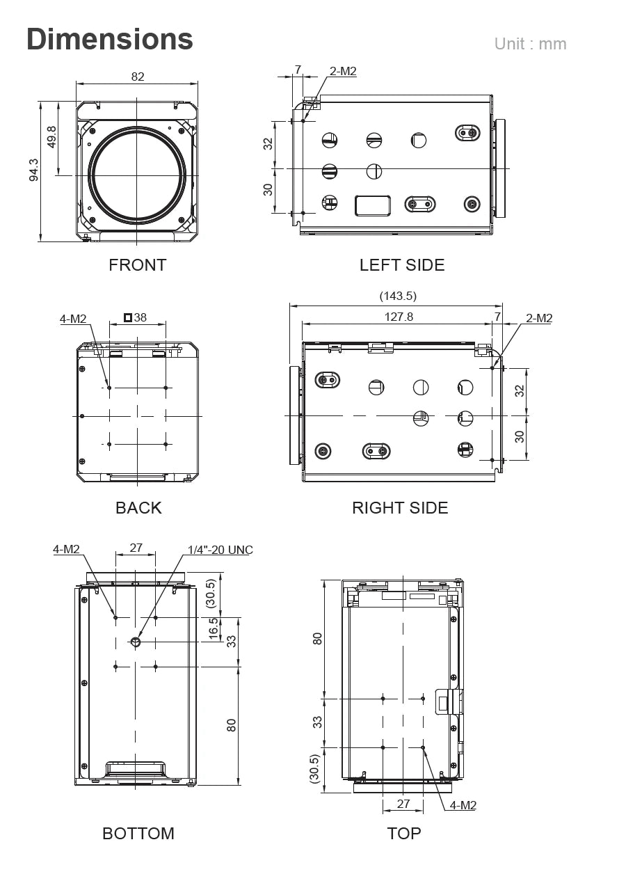 Technical drawing of block camera with dimensions labeled on each side