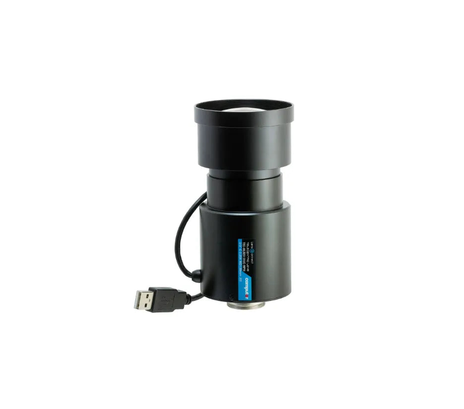 Front view of TEC-ML025139UC-MPW lens with usb cable and LensConnect label