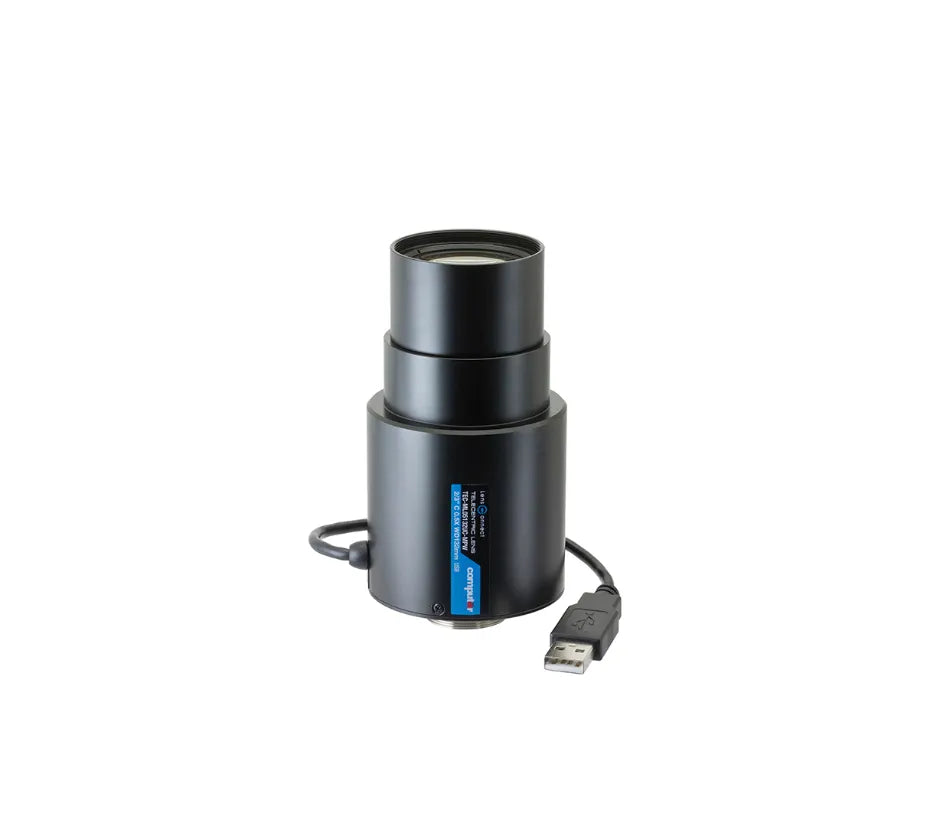 Front view of TEC-ML05132UC-MPW lens with usb cable and LensConnect label