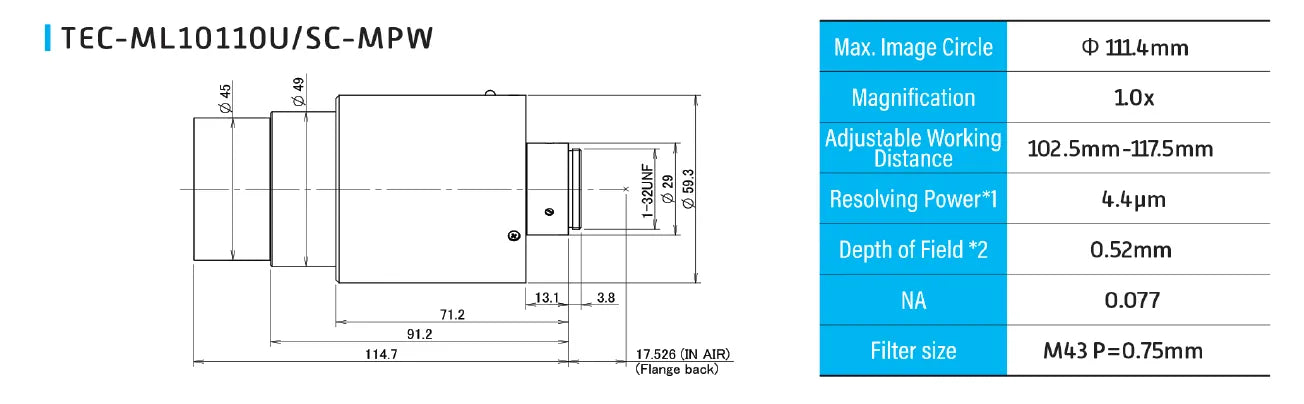Technical specifications of TEC-ML10110UC-MPW with dimensions and technical details.
