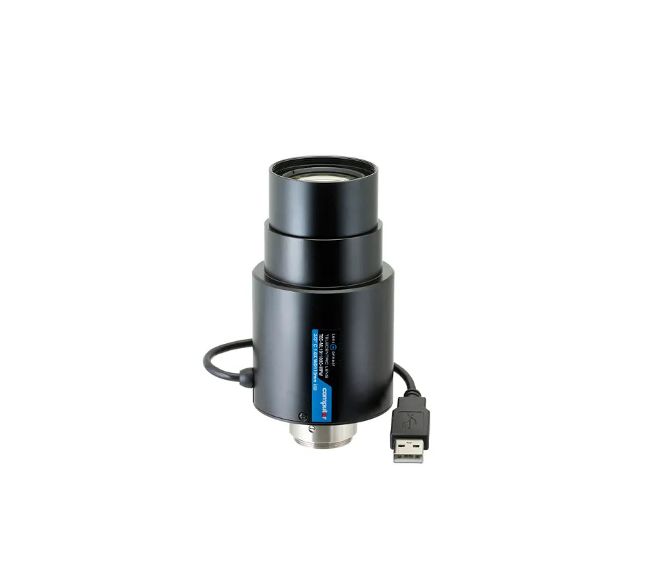 Front view of TEC-ML10110UC-MPW lens with usb cable and LensConnect label