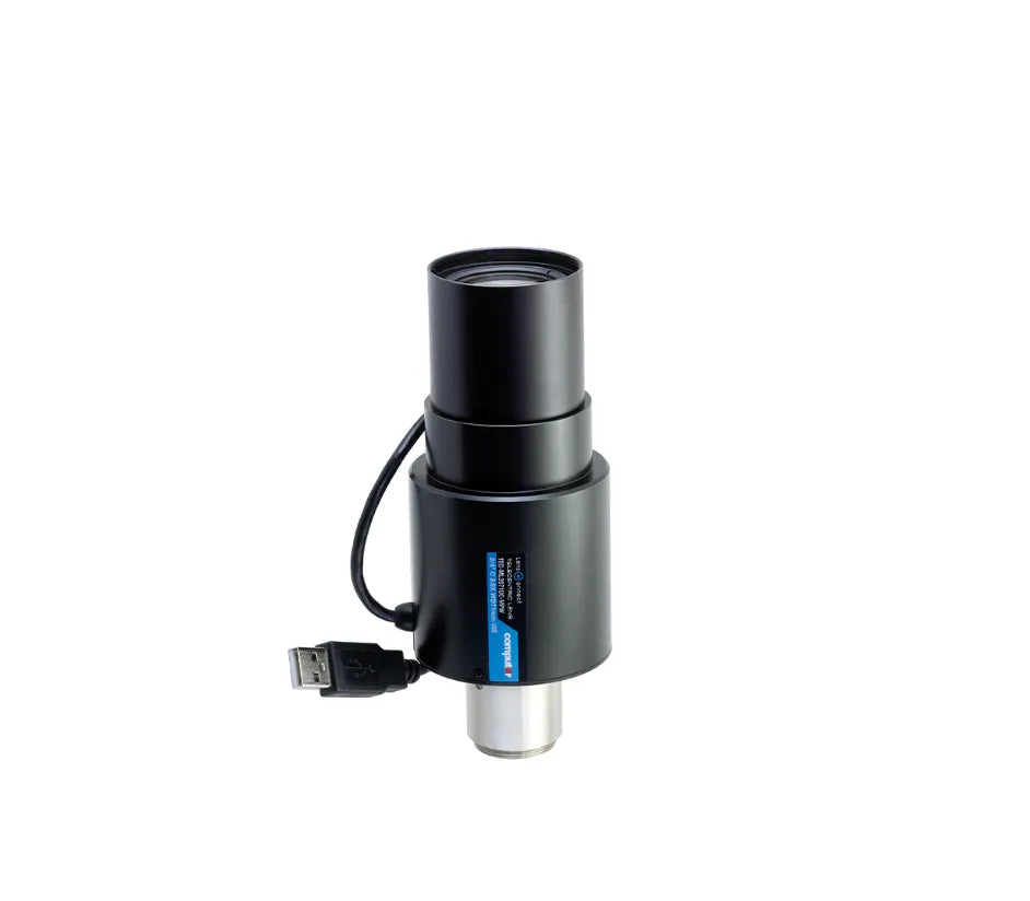 Front view of TEC-ML2071UC-MPW lens with usb cable and LensConnect label
