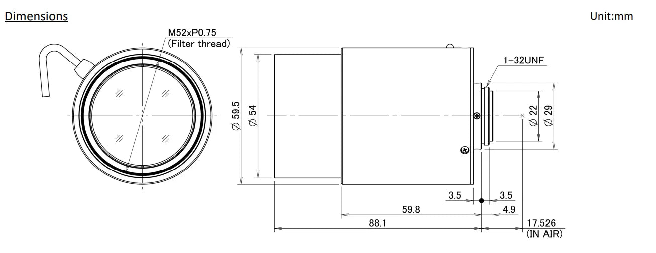 Technical dimensions drawing of a VL2Z2533UM6C-MPWIR lens