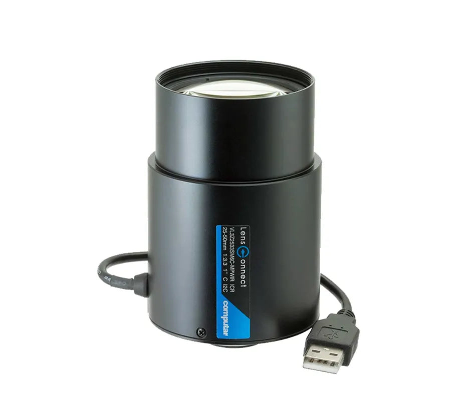 Front view of VL2Z2533UM6C-MPWIR lens with usb cable and LensConnect label