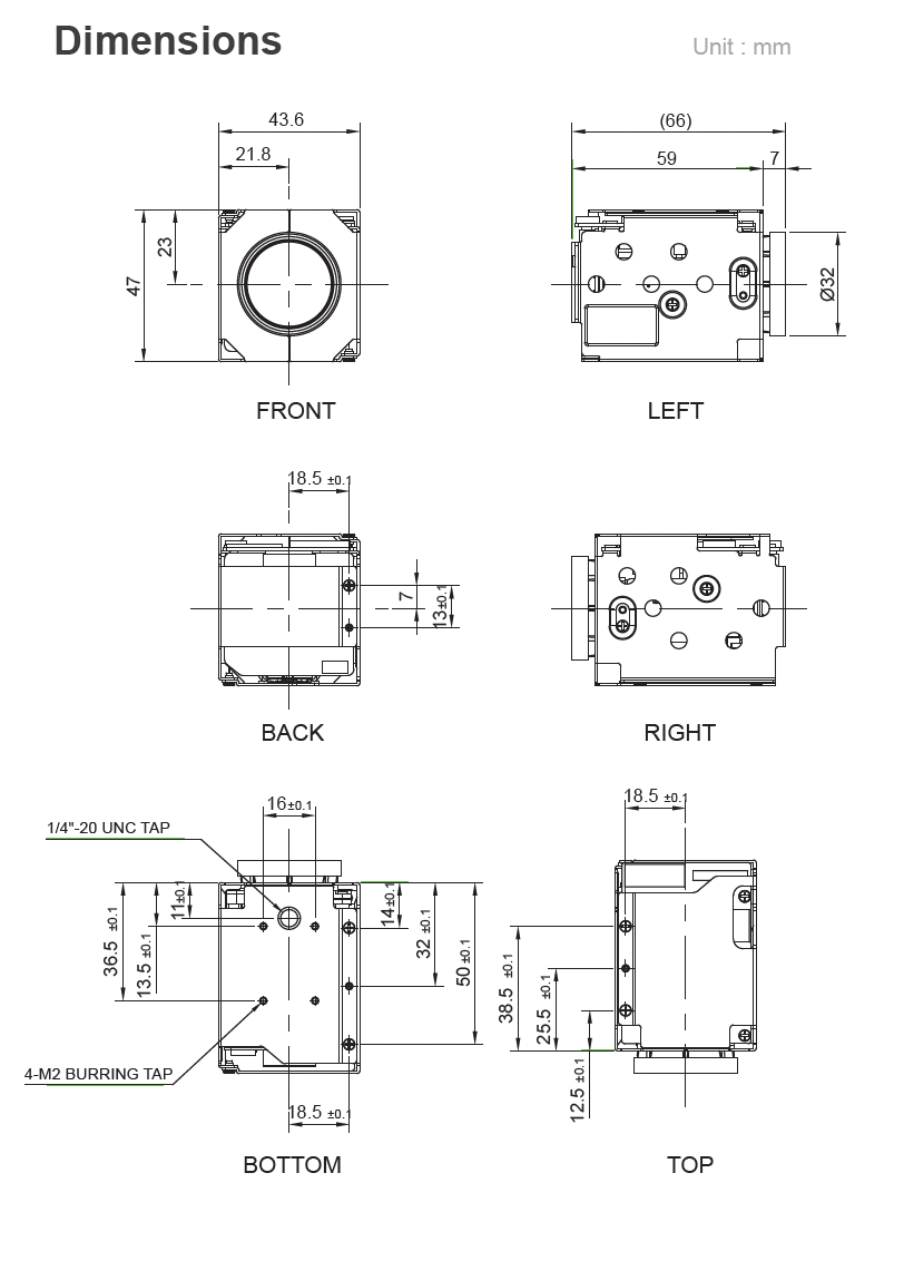 Technical drawing with dimensions of a mechanical component from different angles